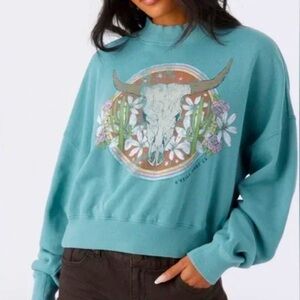 O’Neill Teal Western Skull Graphic Crewneck Cropped Sweatshirt